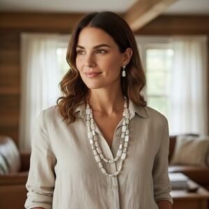 J.Jill Women Mother of Pearl Double Strand Necklace and Earring Set Silver White